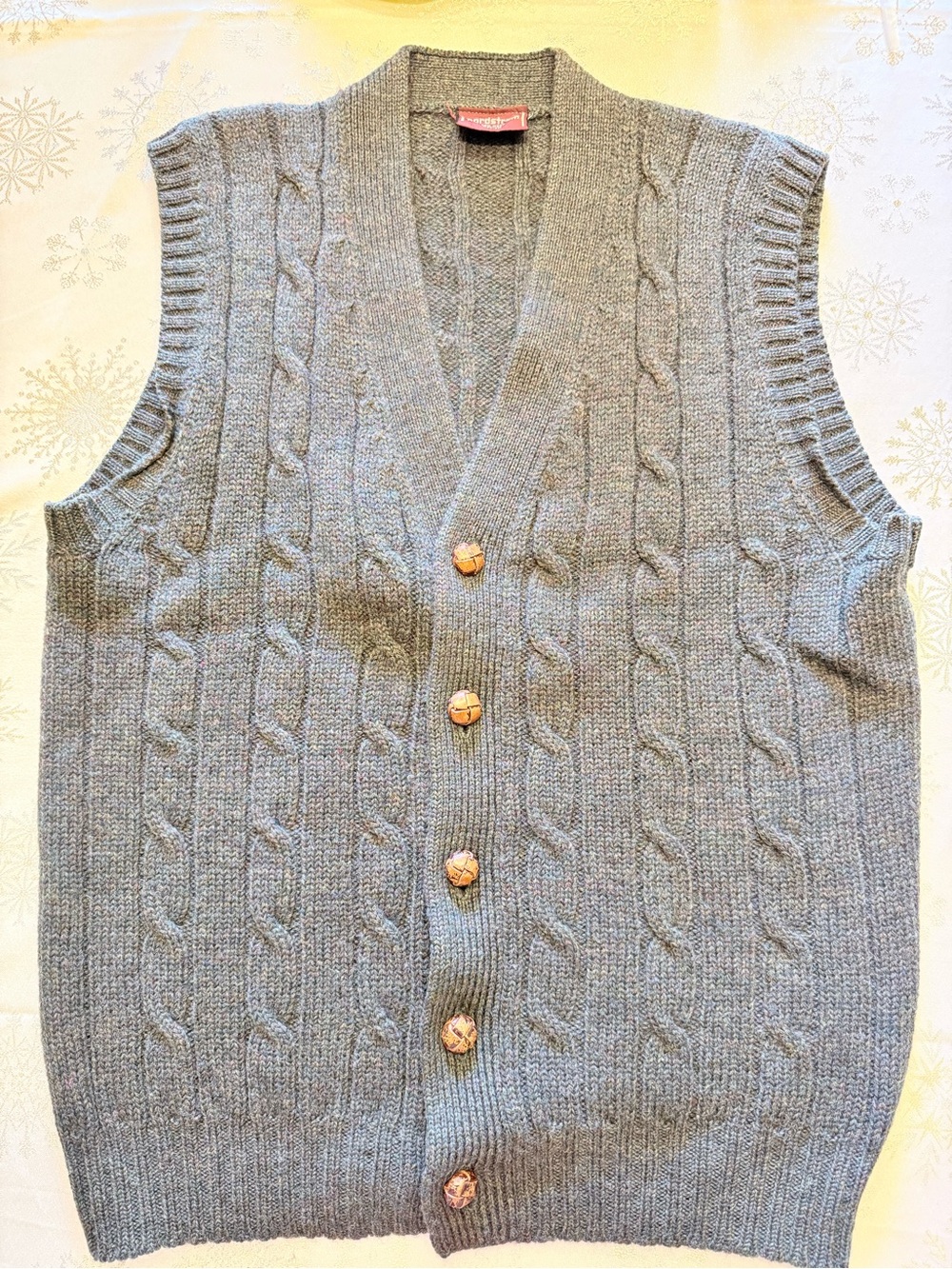 Vintage Nordstrom Grey Green Cable-Knit Men's Vest Cardigan Leather buttons Med
